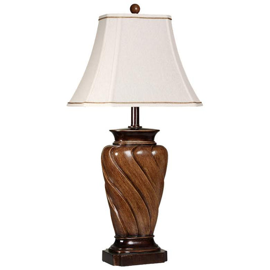 Table Lamp - Toffee Wood Finish - White Fabric Shade