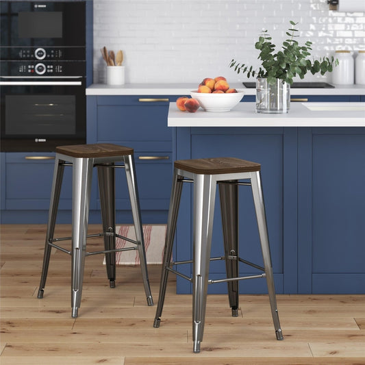 30" Metal Backless Bar Stool With Wood Seat, Set Of 2, Multiple Colors