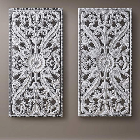 White Botanical Carved Wood Wall Art Set of 2