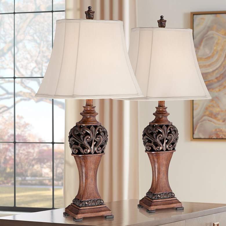 Exeter 30" High Wood Finish Table Lamps - Set of 2