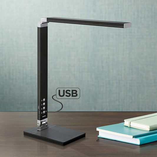 Jett Black Finish Modern LED Desk Lamp with USB Port and Night Light