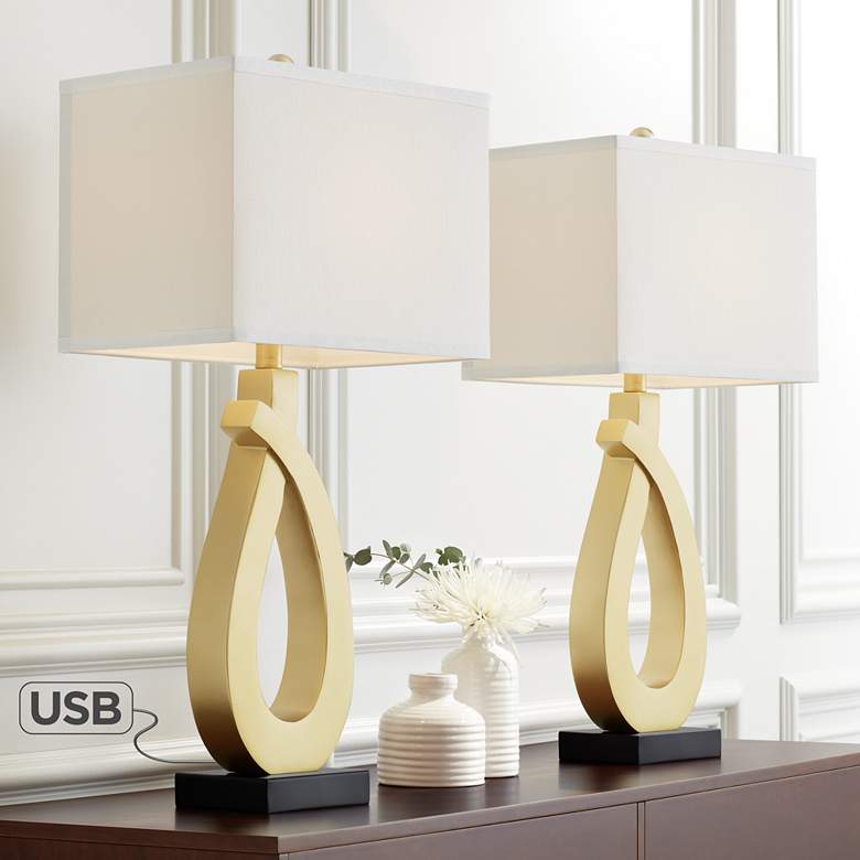 Gold and Black Table Lamps Set of 2 with USB Ports
