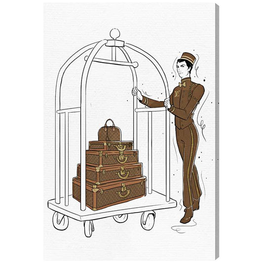 Oliver Gal Luggage Lobby Boy Canvas Wall Art