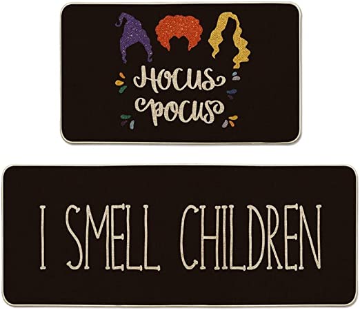 Artoid Mode I Smell Children Witches' Cauldron Halloween Decorative Kitchen Mats Set of 2, Sanderson Sisters Trick or Treat Holiday Party Low-Profile Floor Mat for Home Kitchen - 17x29 and 17x47 Inch
