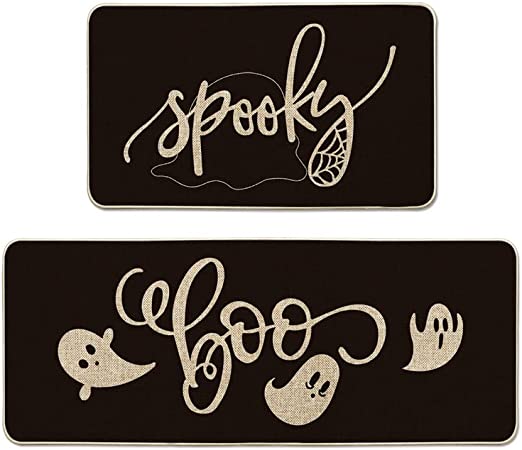 Spooky Spider Web Ghosts Boo Decorative Kitchen Mats Set of 2 - 17x29 and 17x47 Inch