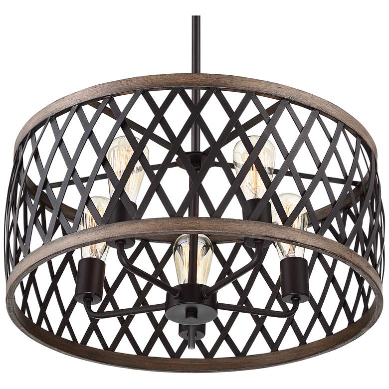 Aruba 20" Wide Woodgrain and Bronze 5-Light Drum Pendant