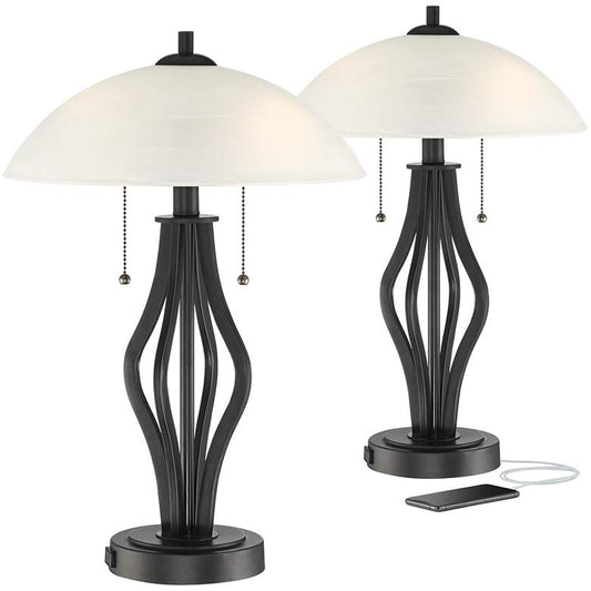 Heather Glass Shade Accent Table Lamp with USB Port Set of 2
