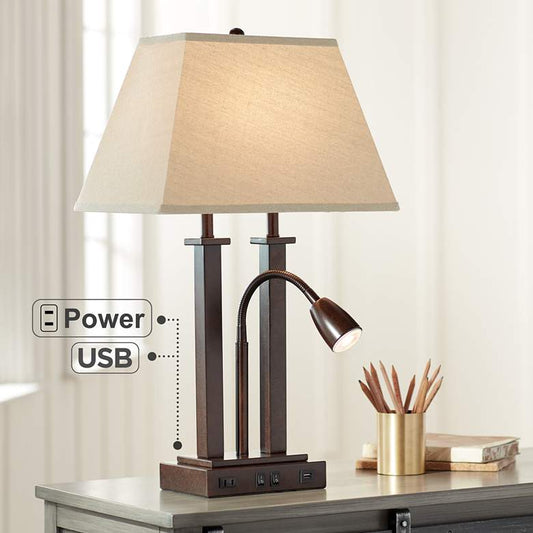 Deacon Bronze Gooseneck Desk Lamp with USB Port and Outlet