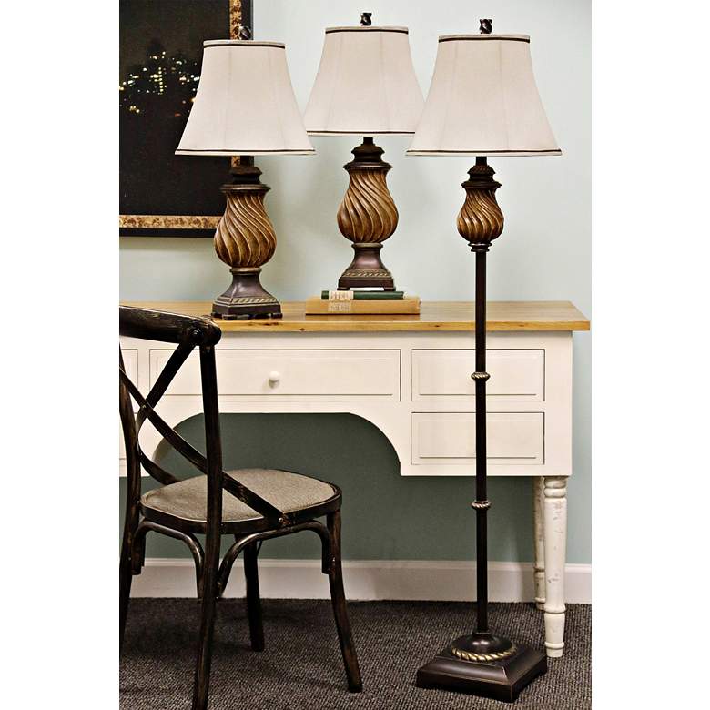 Toffee Wood 3-Piece Table Lamps and Floor Lamp Set