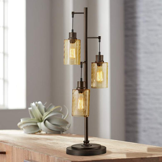 Bronze Table Lamp with Amber Dimpled Glass Shades