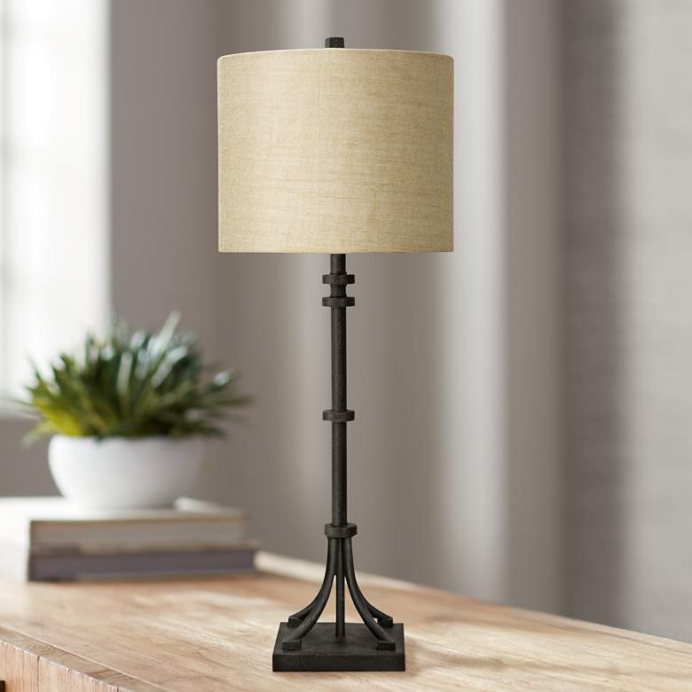 Industrial Bronze Iron Table Lamp with Beige Hardback Shade