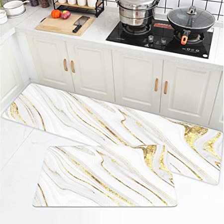 White Gold Yellow Marble Set of 2 Modern Cushioned Anti Fatigue Kitchen Rugs Set Non-Skid Washable Kitchen Floor Mats Runner Rug for Kitchen Sink Laundry
