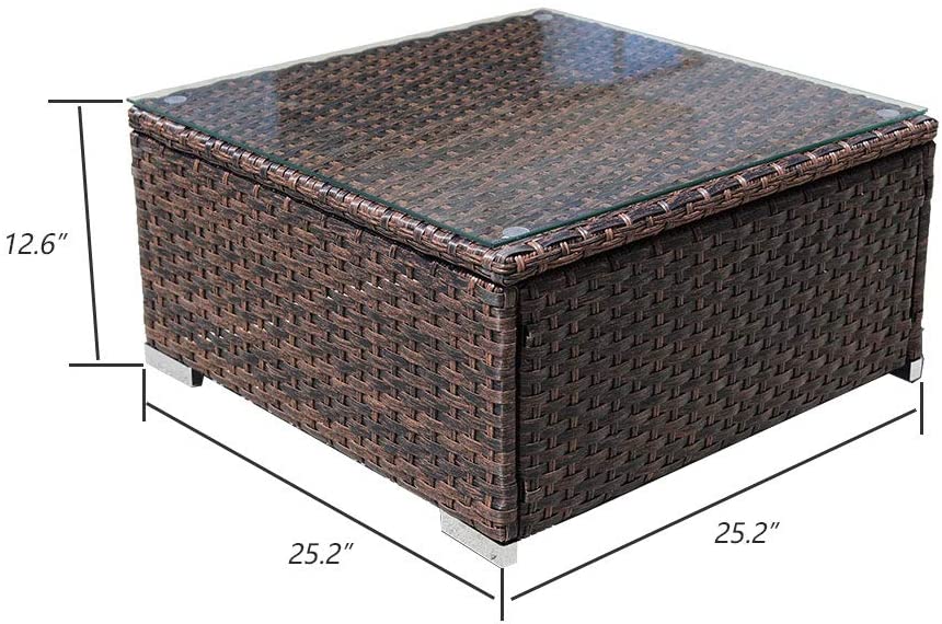 DIMAR garden Outdoor Coffee Table with Tempered Glass Top Wicker Patio Furniture Sets Rattan Sectional Small Table (Black 19.7in)