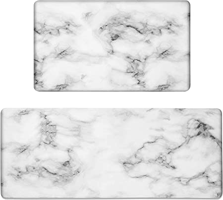 Marble Kitchen Mats for Floor (2 PCs) – Cushioned Anti Fatigue Kitchen Rug for Comfortable Standing – Waterproof, Easy Clean, Non-Slip, Thick Kitchen Mat Set for Home, Office, Sink, Laundry