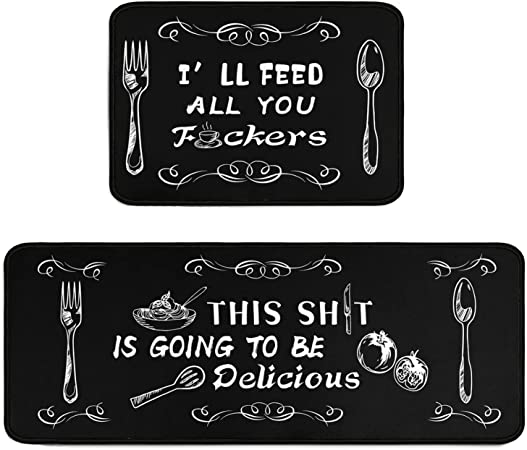 Black Kitchen Rugs and Mats Sets of 2, Funny Kitchen Decoration Rubber Backing Non-Slip Absorbent Mats for Sink Waterproof Runner Rug for Laundry Room 17.7x24+17.7x48inch