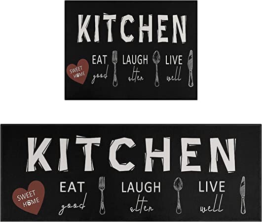 Black Kitchen Rugs Kitchen Mat Set of 2 47.3X17.3/31.5X17.3 In
