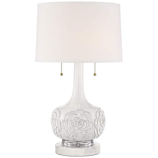 Natalia White Ceramic Table Lamp with Round White Marble Riser