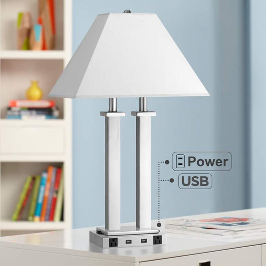 Maxim Double Light Brushed Steel Metal Desk Lamp w/ USB Port