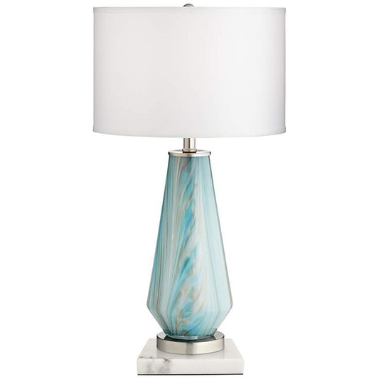 Jaime Blue and Gray Table Lamp with Square White Marble Riser