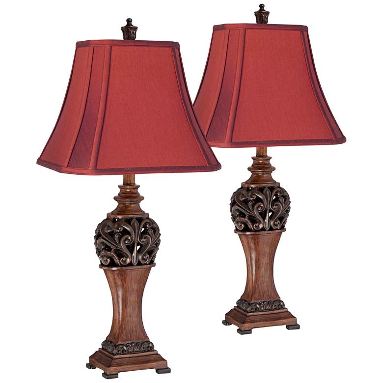 Exeter 30" High Wood Finish Crimson Red Table Lamps Set of 2