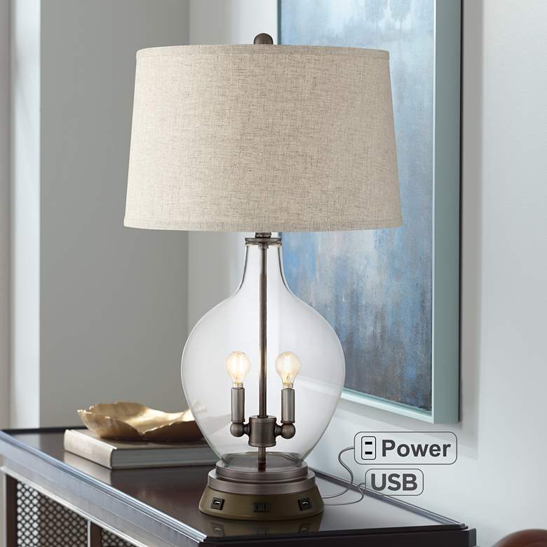 Becker Glass Night Light Table Lamp with USB Workstation Base