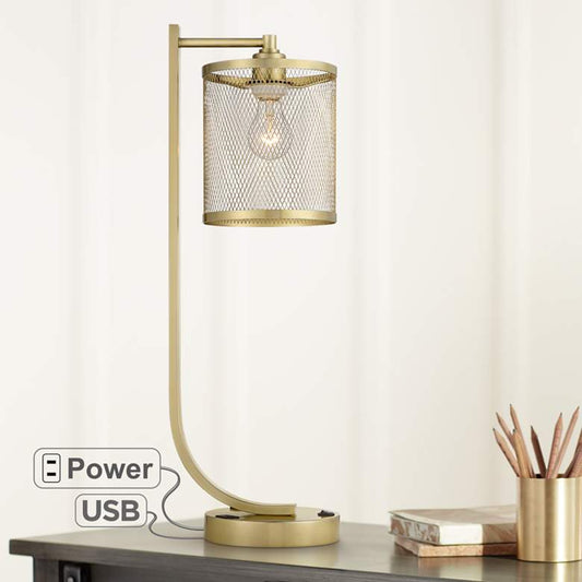 Possini Euro Tavish Warm Gold Desk Lamp with Dual USB ports and Outlet