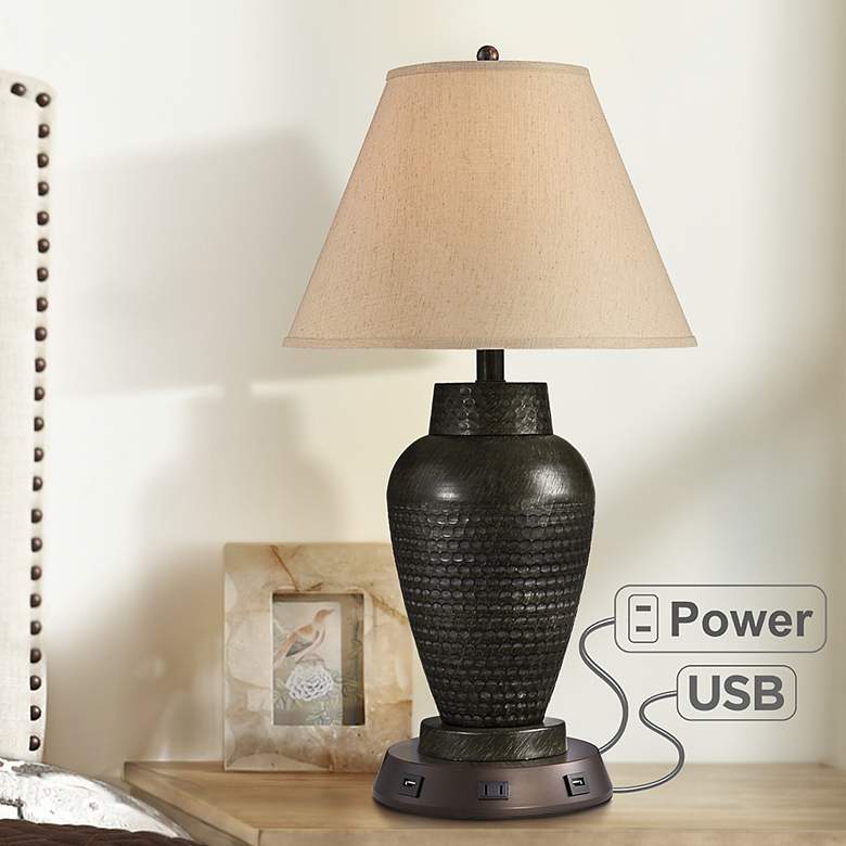 Auburn Hammered Bronze Table Lamp with USB Workstation Base