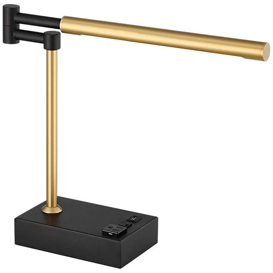 Slimline Swing Arm LED Desk Lamp with Outlet and USB Port Black with Gold