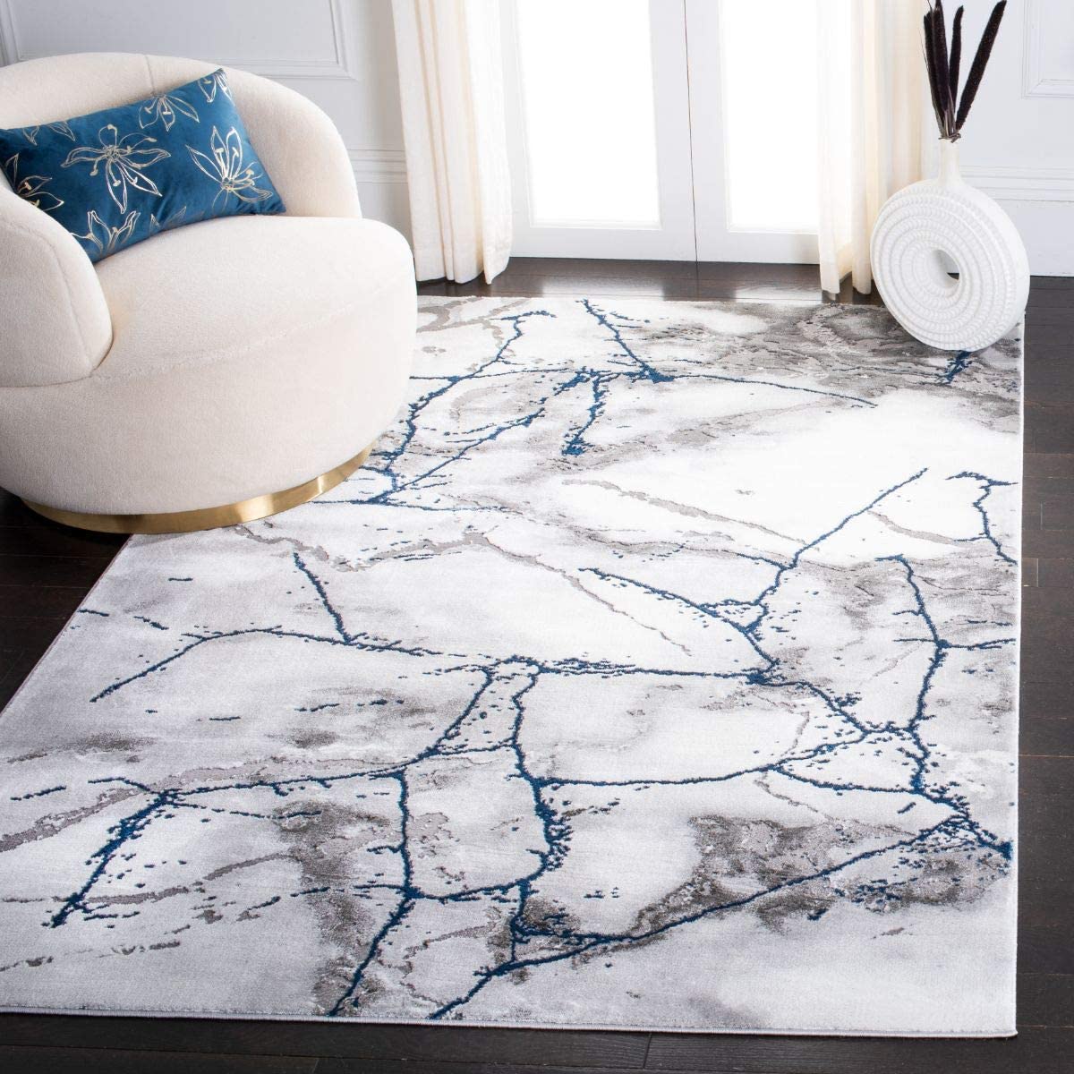 Collection Modern Abstract Area Rug  Square, Ivory Grey/Blue