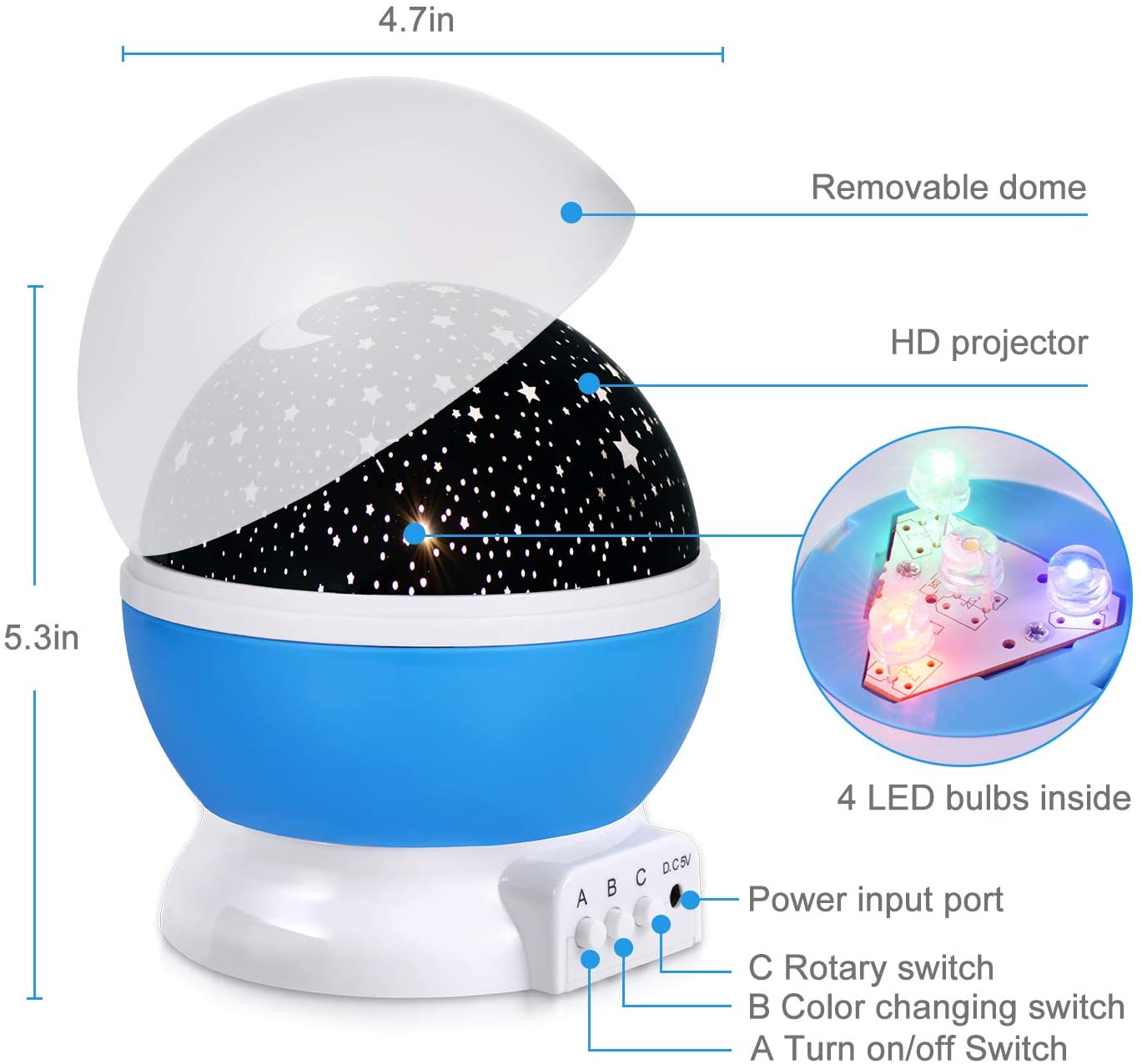 for Kids, Moon Star Projector - 4 LED Bulbs 8 Light Color Changing with USB Cable