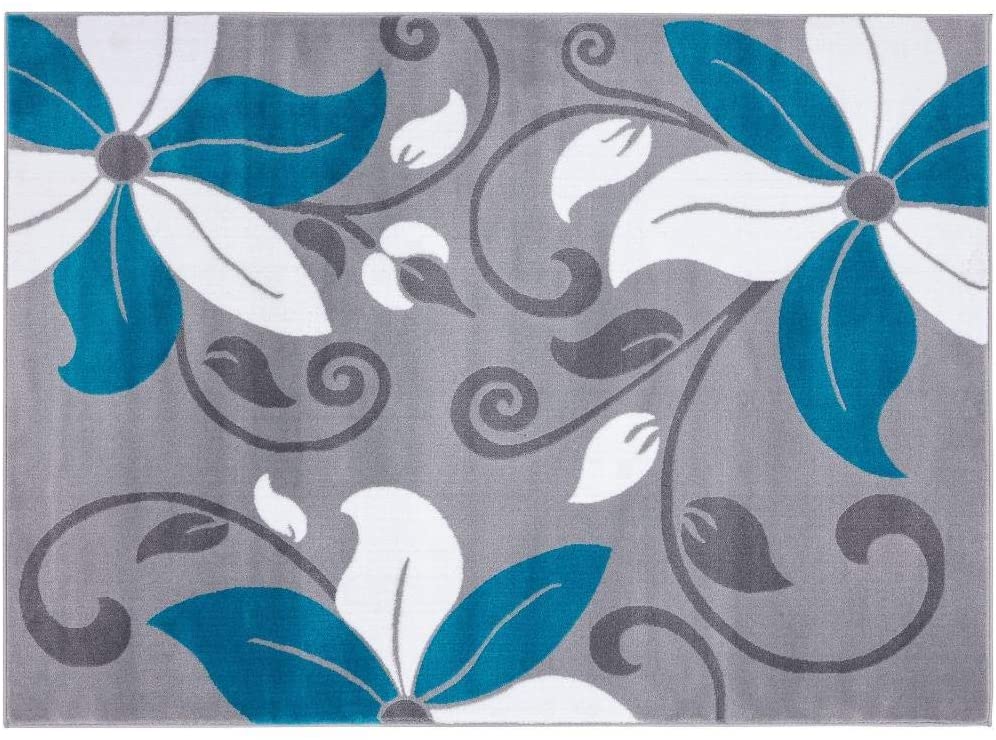 Victoria Collection Modern Turquoise Floral Soft Area Rug