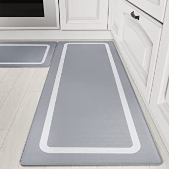 Kitsure Kitchen Mats, 2 PCS Waterproof & Non-Slip Kitchen Rugs, Anti-Fatigue Mats for Kitchen Floors, Offices & Laundries, Durable Resilient Kitchen Rug Set, Area Rug Sets (Gray Round Rectangle)