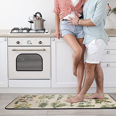Floral Herbs Kitchen Rugs Floor Mat Anti Fatigue Washable Sage