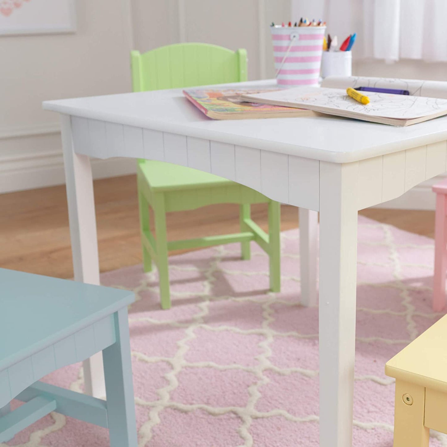 Nantucket Kid's Wooden Table & 4 Chairs Set with Wainscoting Detail, Pastel ,Gift for Ages 3-8