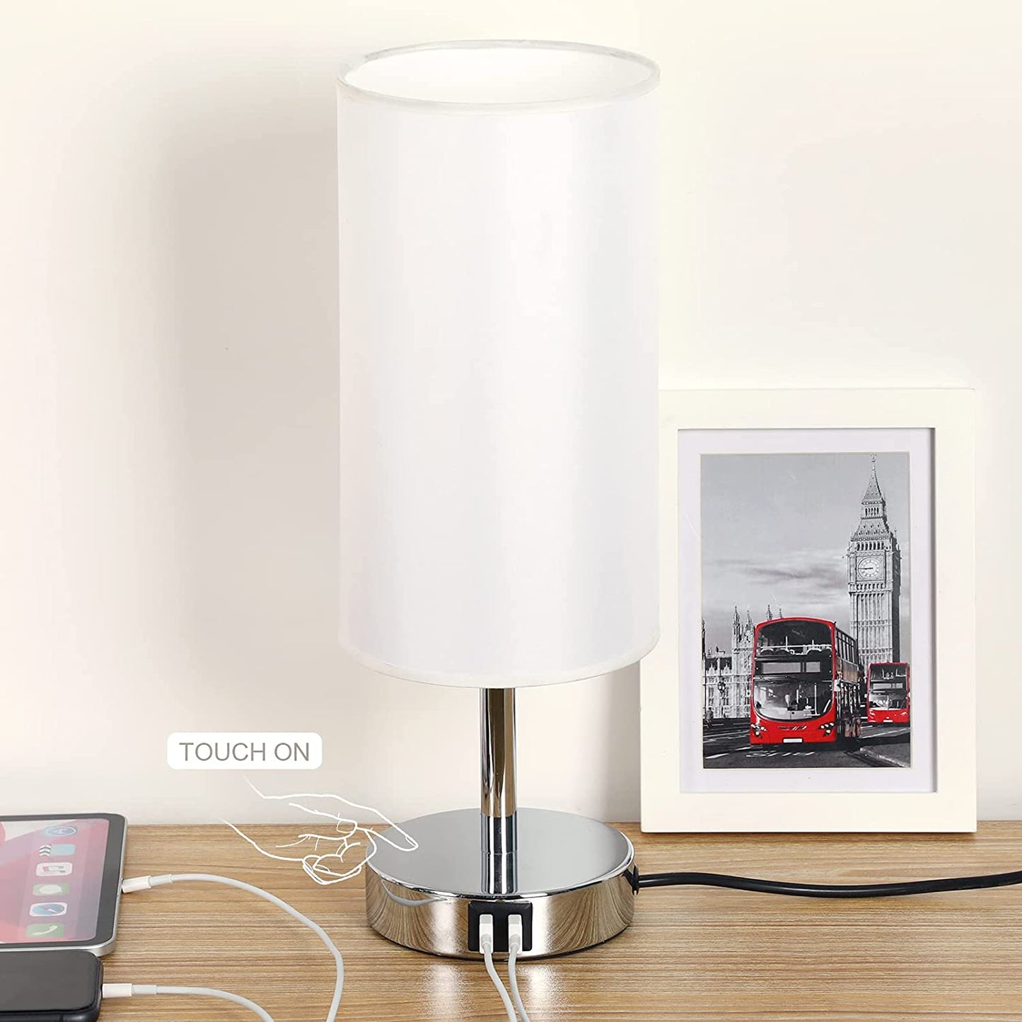 Bedside Lamp with USB port - Touch Wood 3 Way Dimmable Nightstand Lamp with Round Flaxen Fabric Shade