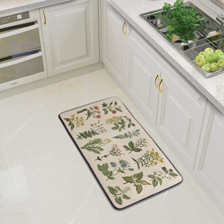 Floral Herbs Kitchen Rugs Floor Mat Anti Fatigue Washable Sage Leaves Door Mats for Home & Kitchen & Office Wild Plant Decor Memory Foam Mat Non-Skid 39x20inch