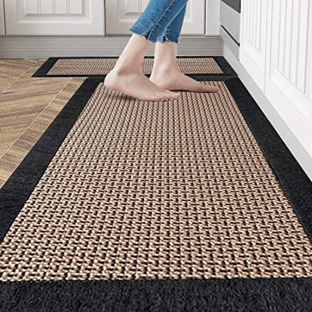 Kitchen Mats for Floor Anti Fatigue Mats for Kitchen Floor Kitchen Rugs  Farmhouse Style Memory Foam Kitchen Mat Cushioned PVC Leather Kitchen Rug  Set, 17.3x28+17.3x47 inchs