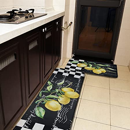 rocxemly Lemon Kitchen Mat Set of 2 Black and White Plaid Kitchen Rug Sets 17''x48''+17''x24'' Comfort Standing Mats Waterproof Stain Resistance Non Slip Kitchen Carpet