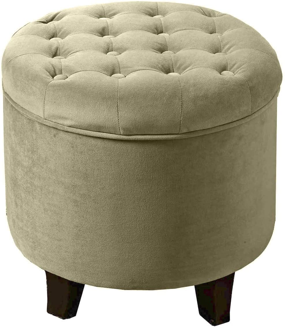 Fabric Upholstered Round Storage Ottoman - Velvet Button Tufted with Removable Lid