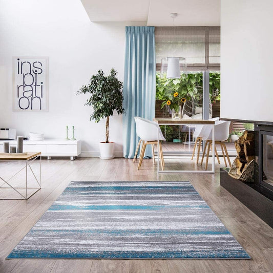 Modern Abstract Soft Ivory Grey Turquoise Area Rug