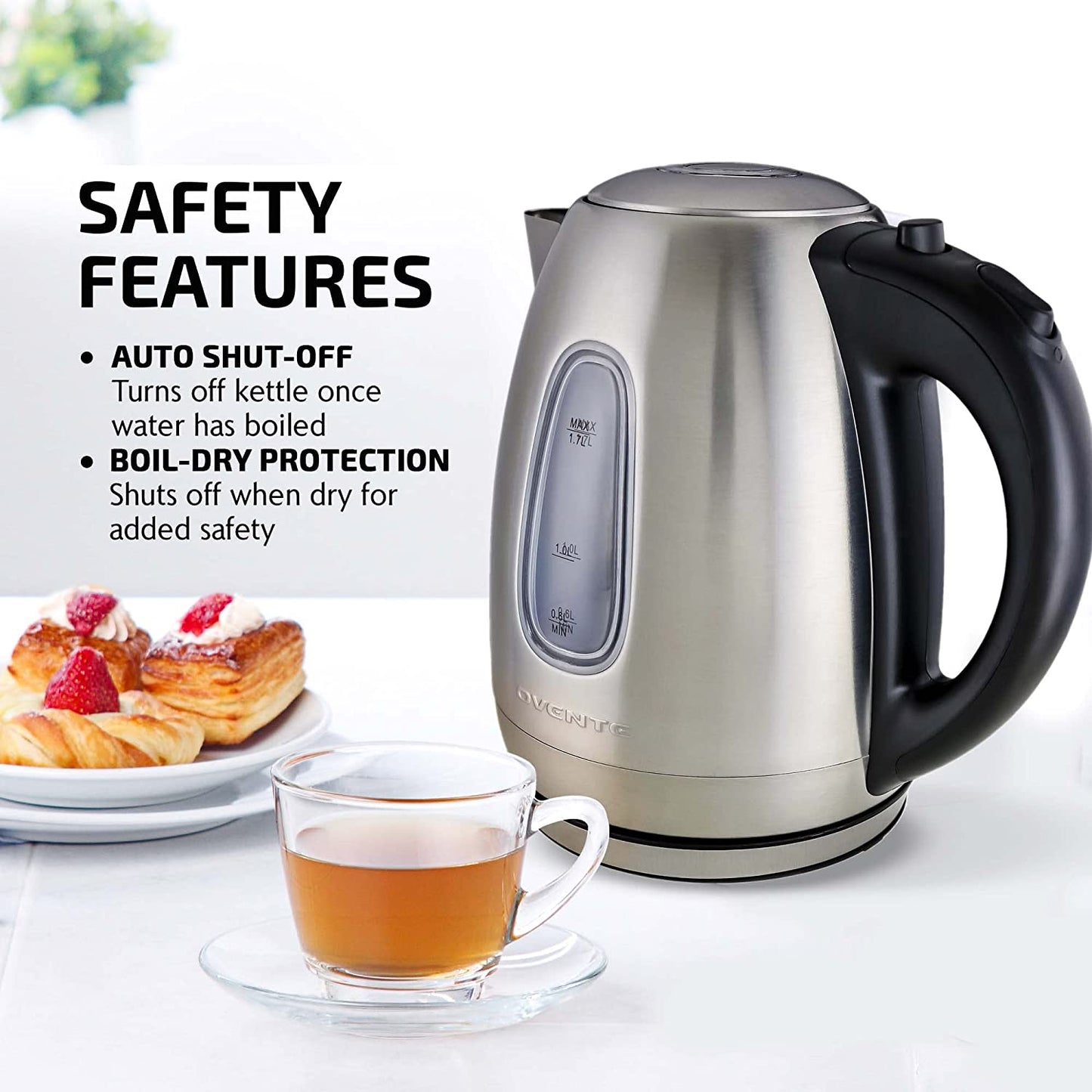Stainless Steel Fast, Portable Electric Hot Water Kettle for Tea and Coffee, 1.7-Liter