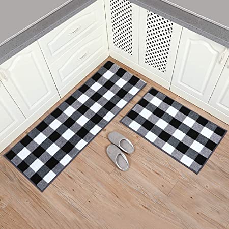 Carvapet 2 Pieces Buffalo Plaid Check Rug Set Water Absorb Microfiber Non-Slip Kitchen Rug Bathroom Mat Checkered Doormat Carpet for Laundry 17"x48"+17"x24", Black and White