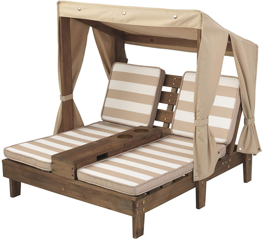 Kids Double Chaise Lounge with Cup Holders, Kids Outdoor Furniture, Striped Fabric