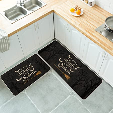 Bat Broom Kitchen Mats Set of 2, No All Witch Live in Salem Holiday Farmhouse Party Floor Mat for Home Kitchen Decorations - 17x27 and 17x47 Inch