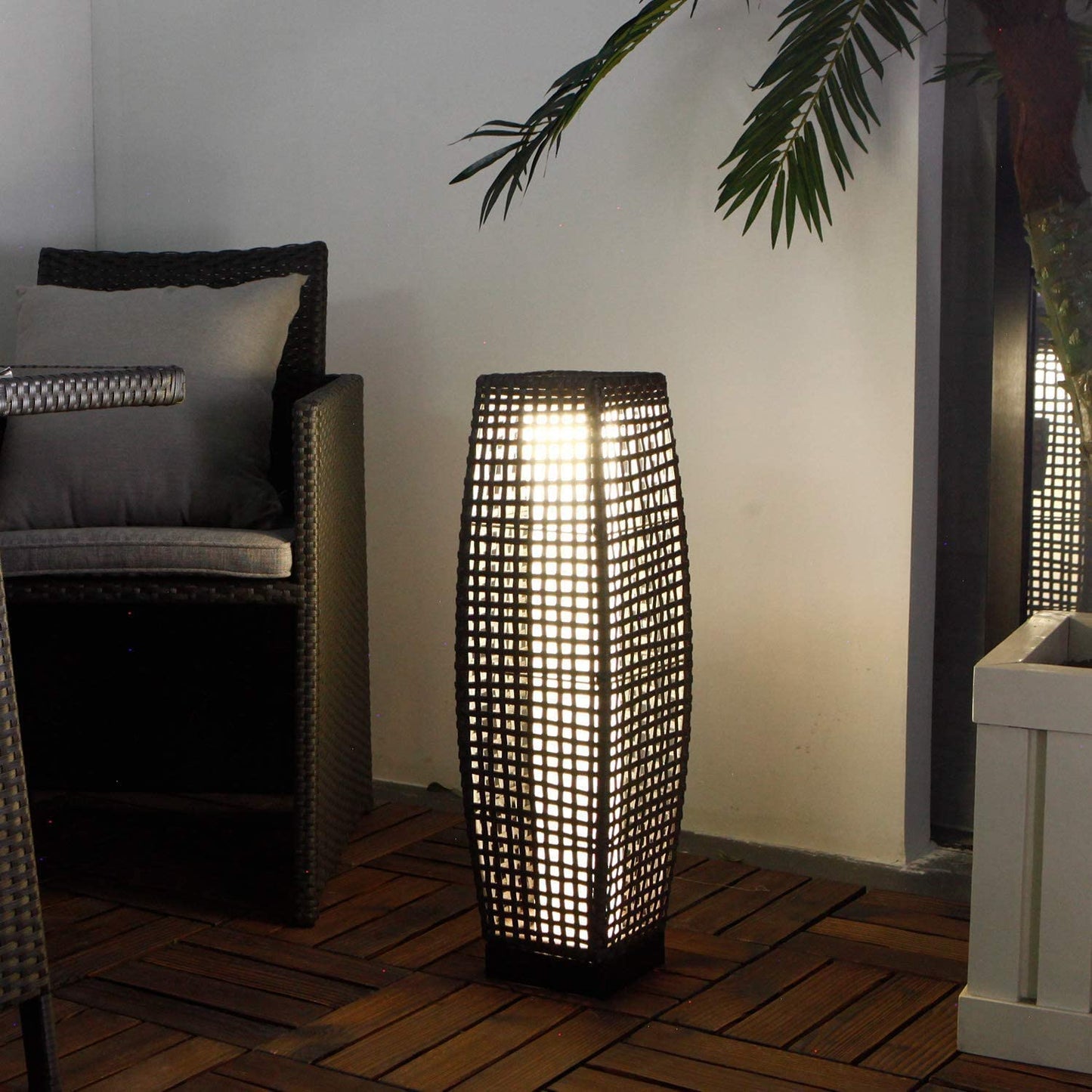 Grey Patio Outdoor Solar-Powered Woven Resin Wicker Lantern Floor Lamp