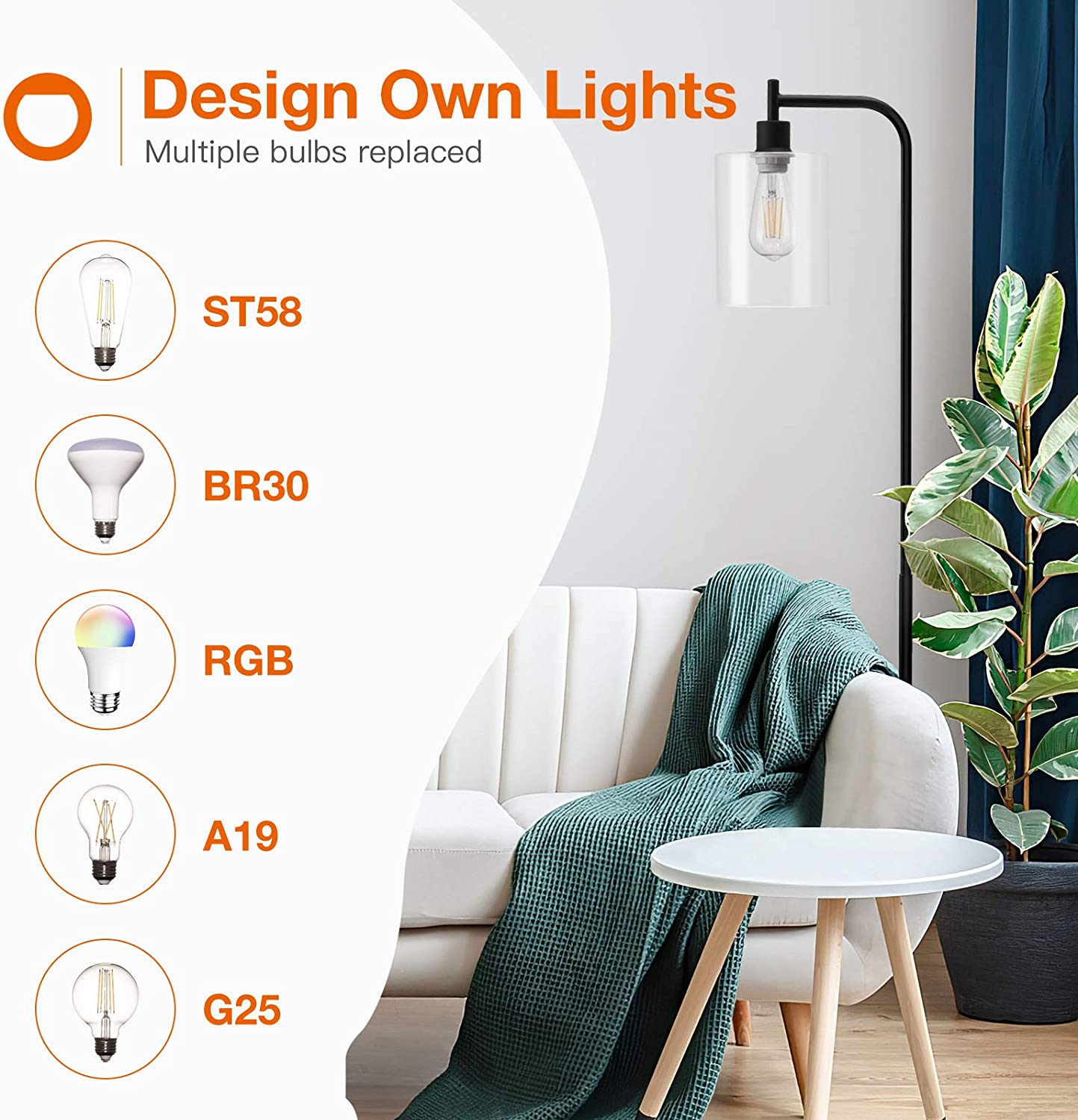 LED Floor Lamp Hanging Glass Lamp Shade and Modern Standing Industrial Lamp
