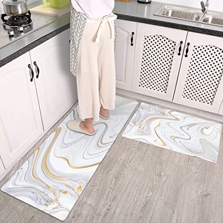 Colorful Star 2 Pieces Waterproof Cushioned Kitchen Rugs Set PVC Leather Runner Rug Non-Slip Anti Fatigue Standing Mat Comfort Floor Mat for Kitchen Laundry Decor 17"x 29"+17"x 47" Luxury Marble Ink