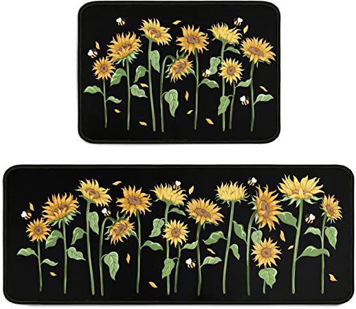 Black Kitchen Rugs and Mats Sets of 2, Funny Kitchen Decoration Rubber Backing Non-Slip Absorbent Mats for Sink Waterproof Runner Rug for Laundry Room 17.7x24+17.7x48inch
