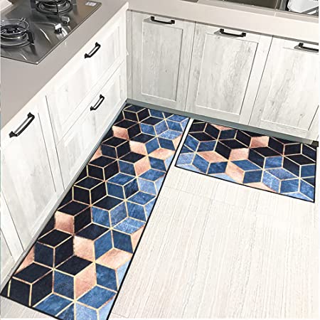 Kitchen Rugs and Mats Set of 2, Blue Kitchen Rug Comfort Floor Mat Non Slip  Washable Kitchen Carpet Rug Runner for Floor Home, Office, Sink, Laundry  17x47+17x30-Ethnic Traditional Pattern 