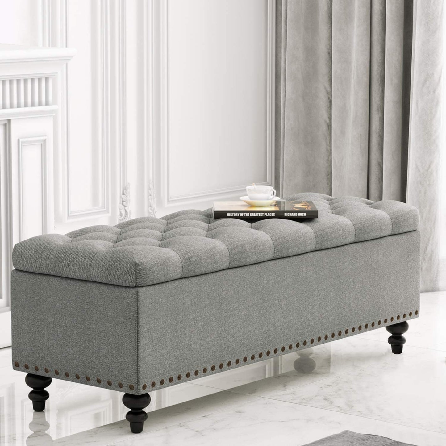 Ottoman with Storage, 51-inch Bench with Button-Tufted